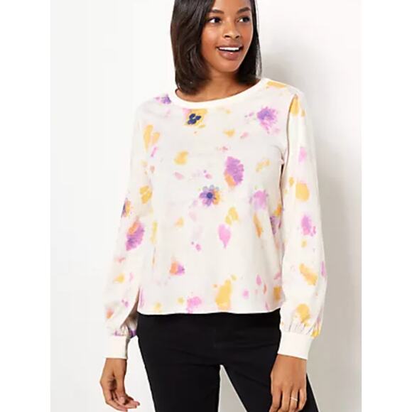 NEW Candace Cameron Bure QVC Pressed Floral Graphic Long Sleeve Tee XS Soft - Picture 1 of 7